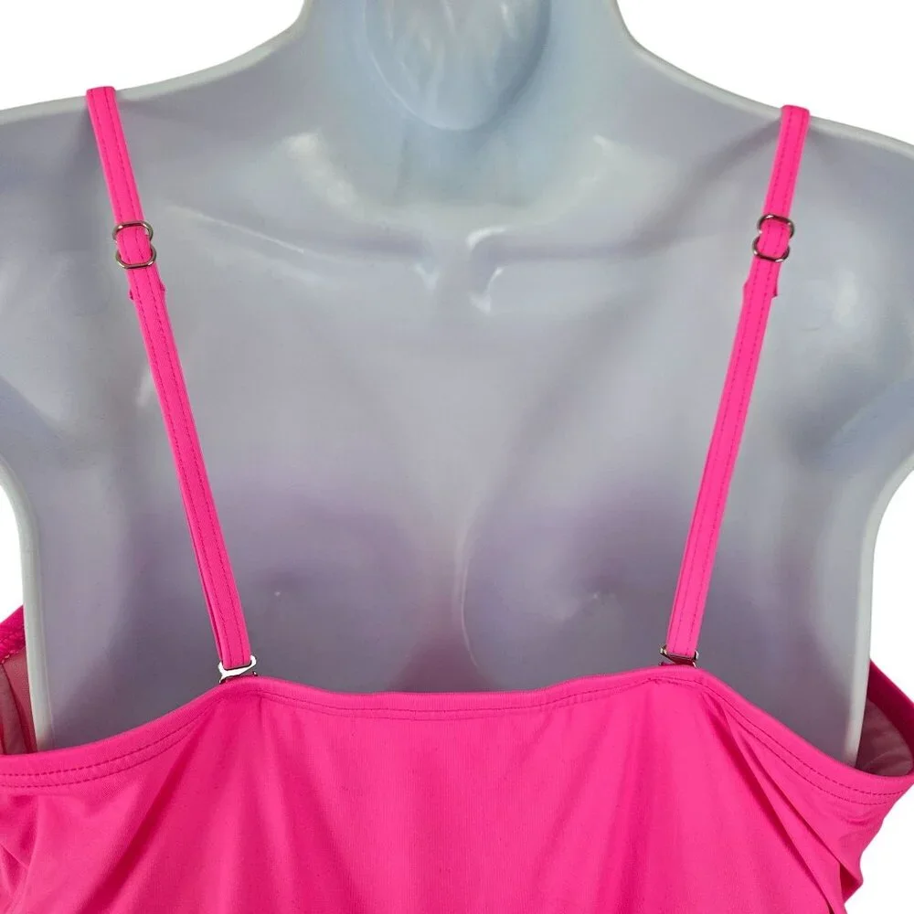Aqua Eve Womens Bandeau Tankini Top & Bottoms Pink Ruched Sides Size XXL Beach
